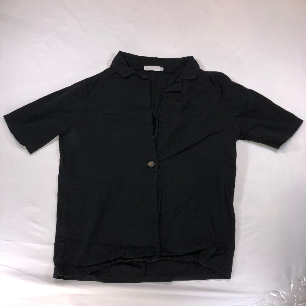 Hyfve Black Short Sleeve Single Button Notched Collar Cotton Top HF23A702-SET S